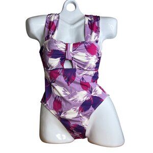 Mynah One Piece Swimsuit‎ Womens Size XS Purple Floral Medium Coverage NEW